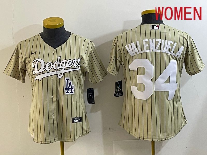 Women Los Angeles Dodgers 34 Valenzuela Green Stripe Game 2024 Nike MLB Jersey style 6
